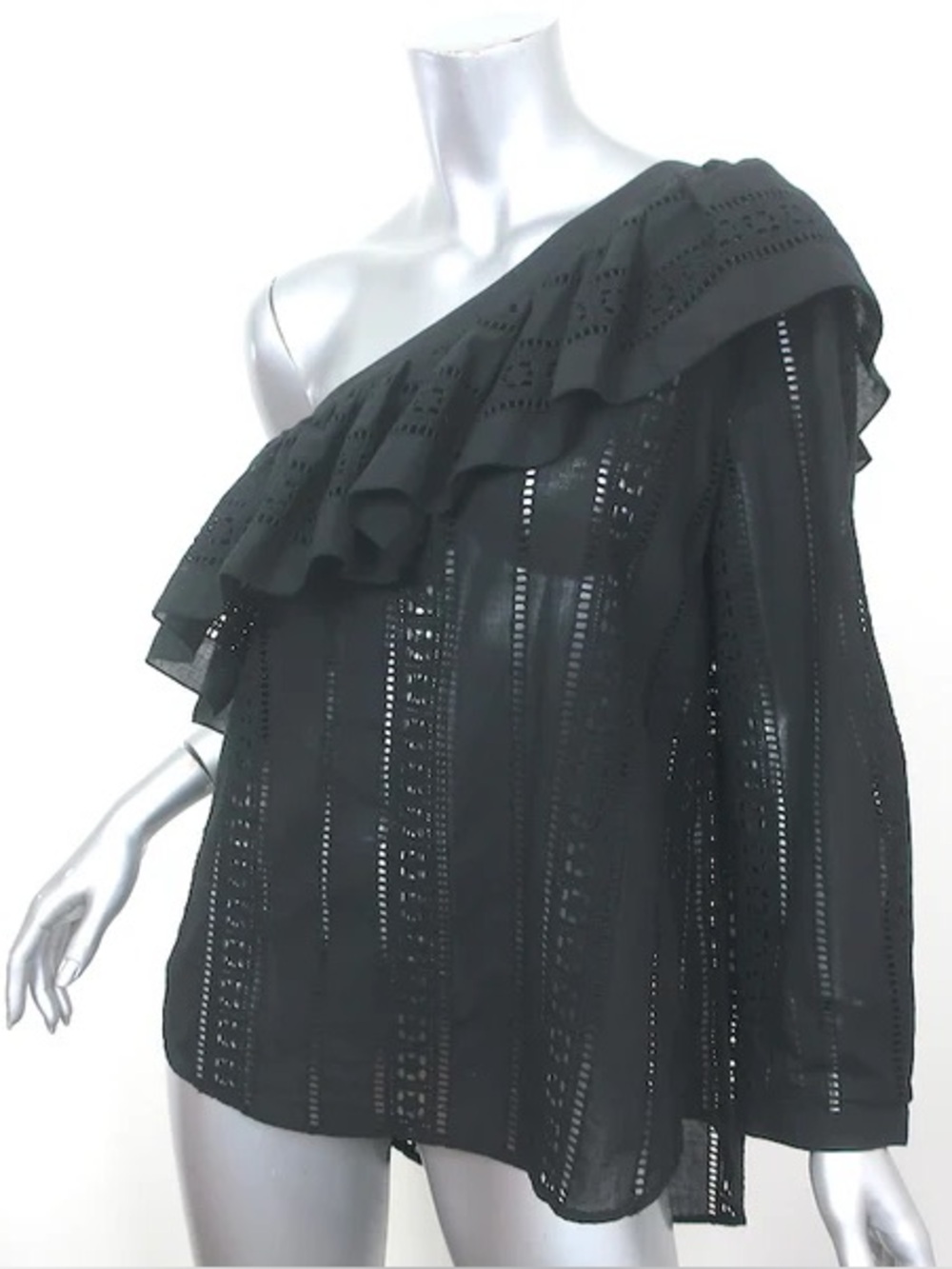 Veronica Beard Black One-Shoulder Eyelet Ruffle Blouse